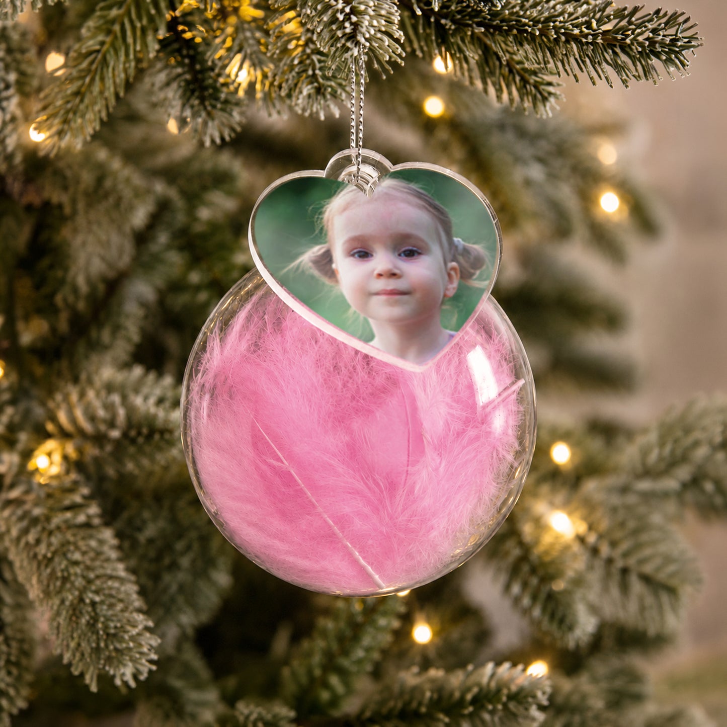 Personalised Photo Upload Pink Feather Glass Bauble