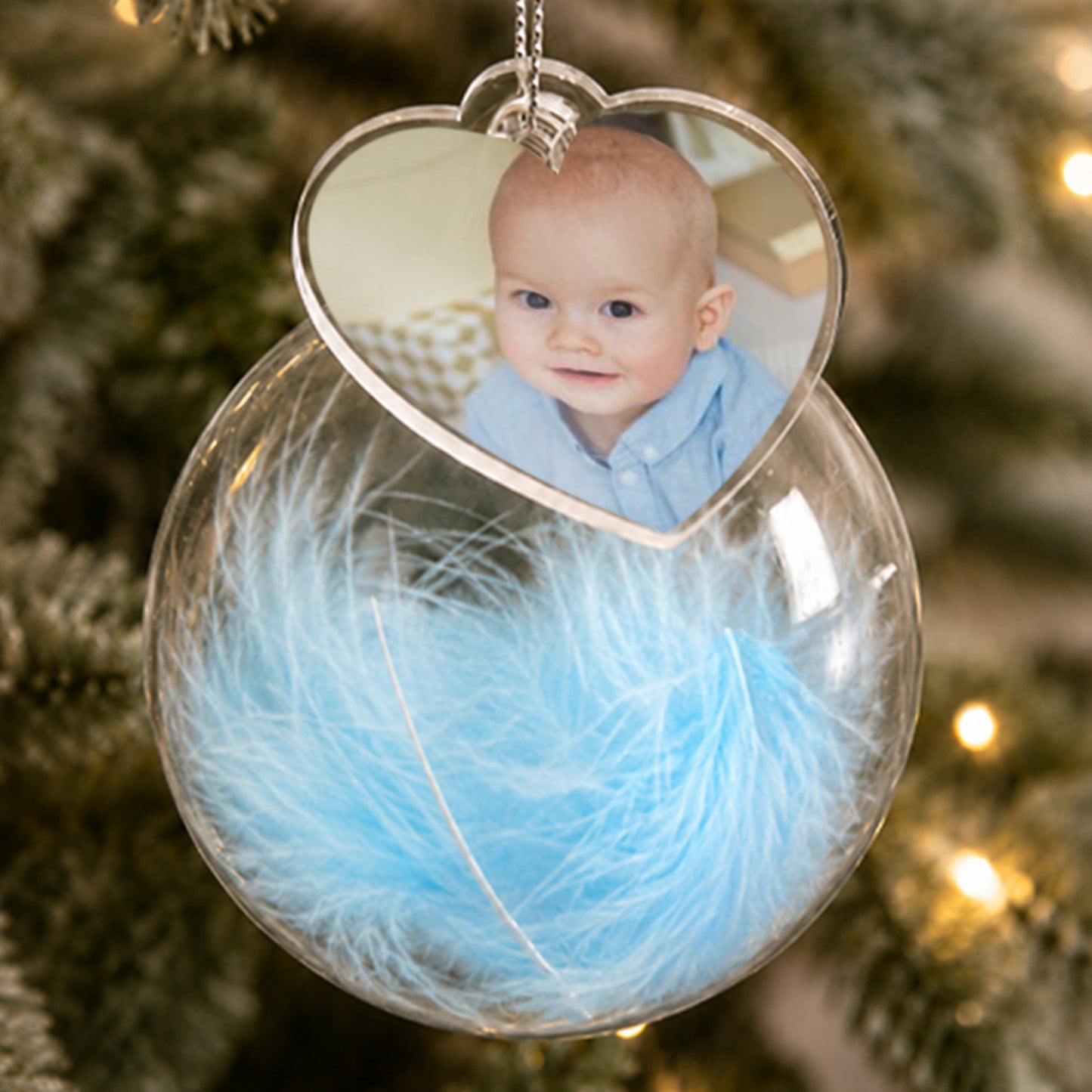 Personalised Photo Upload Blue Feather Glass Bauble