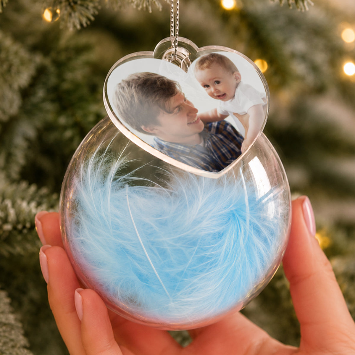 Personalised Photo Upload Blue Feather Glass Bauble