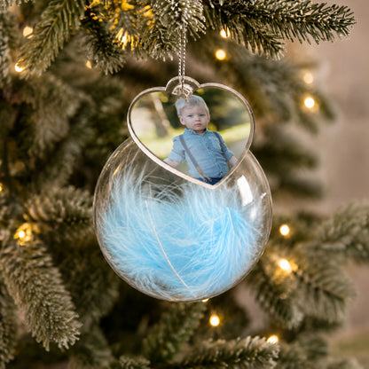 Personalised Photo Upload Blue Feather Glass Bauble