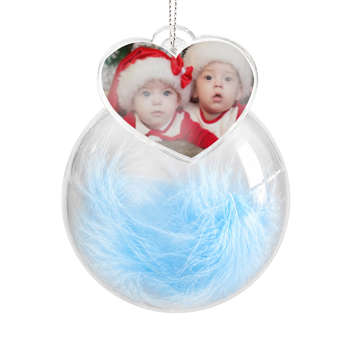 Personalised Photo Upload Blue Feather Glass Bauble