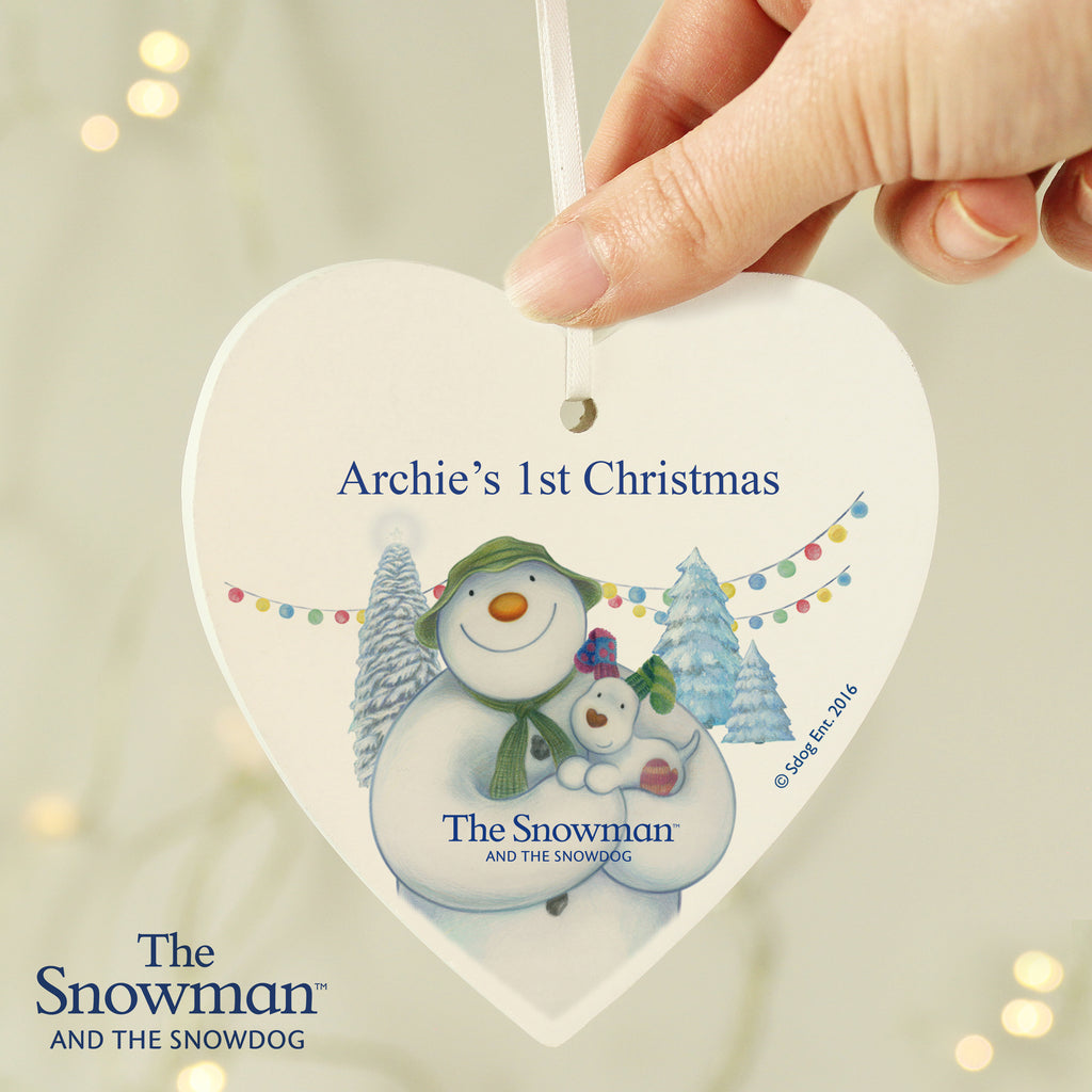 Personalised The Snowman and the Snowdog Wooden Heart Decoration