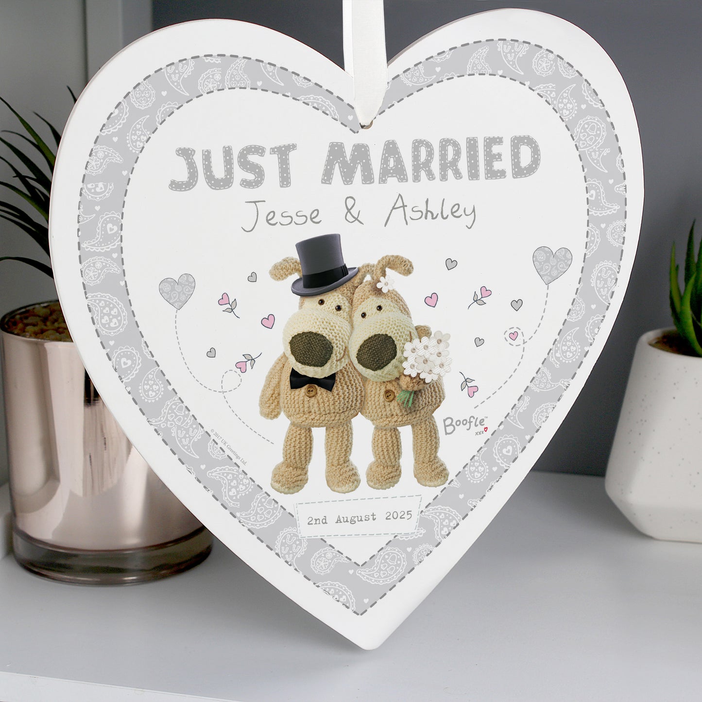 Personalised Boofle Wedding Large Wooden Heart Decoration