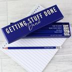 Personalised Getting Stuff Done Box and 12 Blue HB Pencils