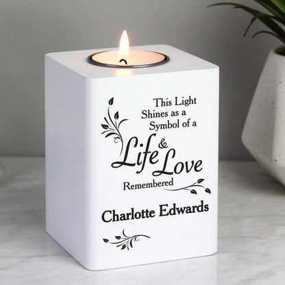 Personalised Life & Love White Wooden Tea Light Holder