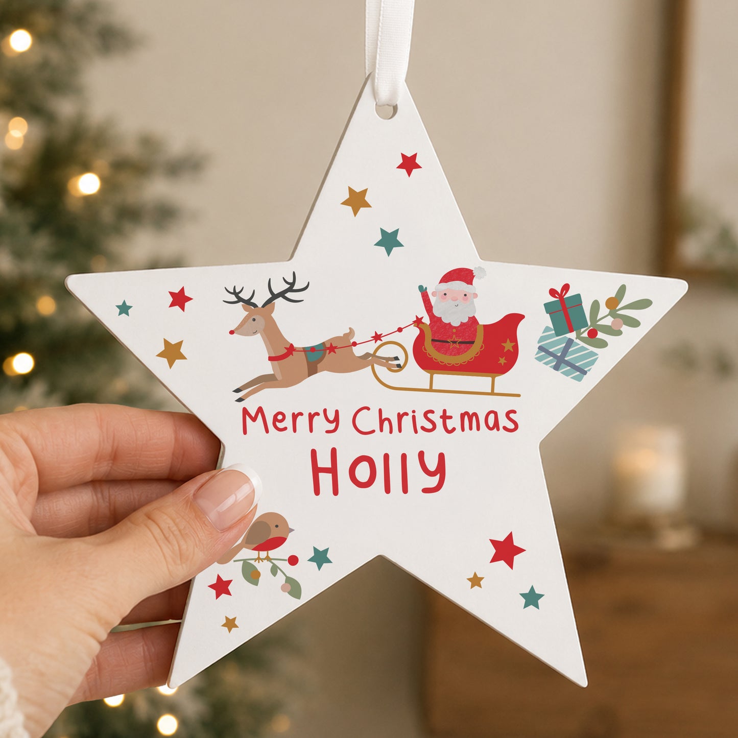 Personalised Santa & Reindeer Wooden Star Decoration