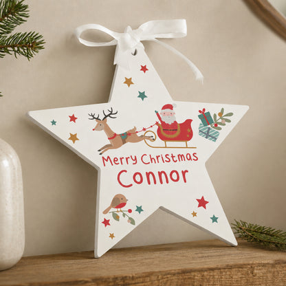 Personalised Santa & Reindeer Wooden Star Decoration