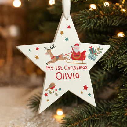 Personalised Santa & Reindeer Wooden Star Decoration
