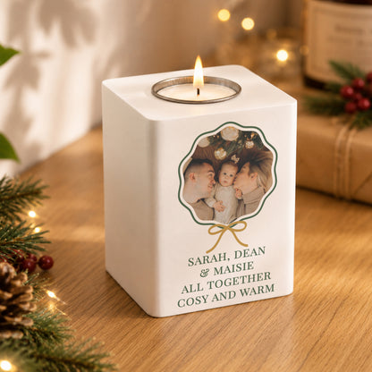 Personalised Scallop Bow Photo Upload White Wooden Tealight Holder