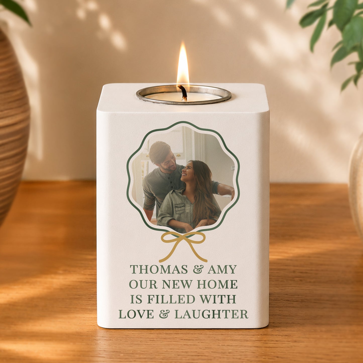 Personalised Scallop Bow Photo Upload White Wooden Tealight Holder