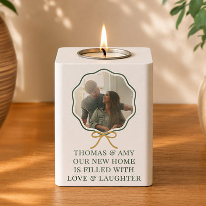 Personalised Scallop Bow Photo Upload White Wooden Tealight Holder