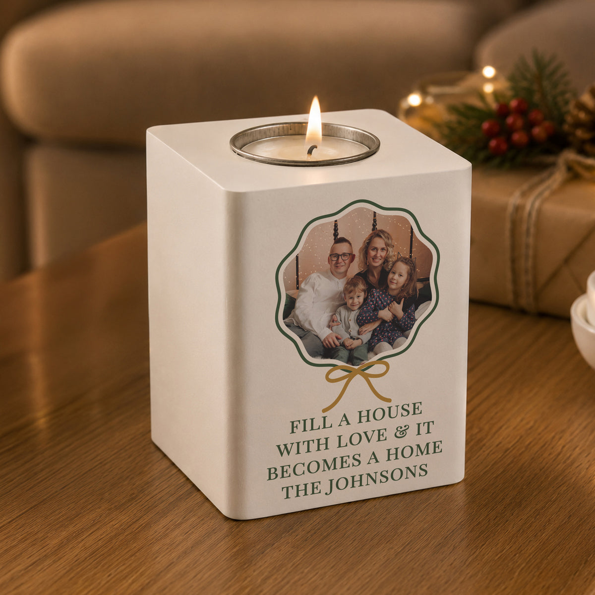 Personalised Scallop Bow Photo Upload White Wooden Tealight Holder