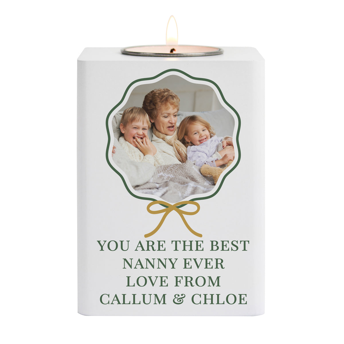 Personalised Scallop Bow Photo Upload White Wooden Tealight Holder