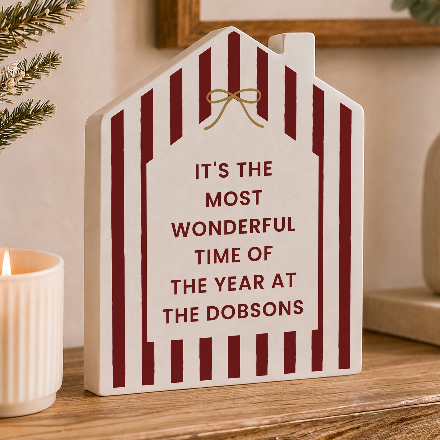 Personalised Candy Cane Stripe Wooden House Ornament