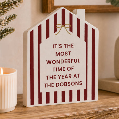 Personalised Candy Cane Stripe Wooden House Ornament