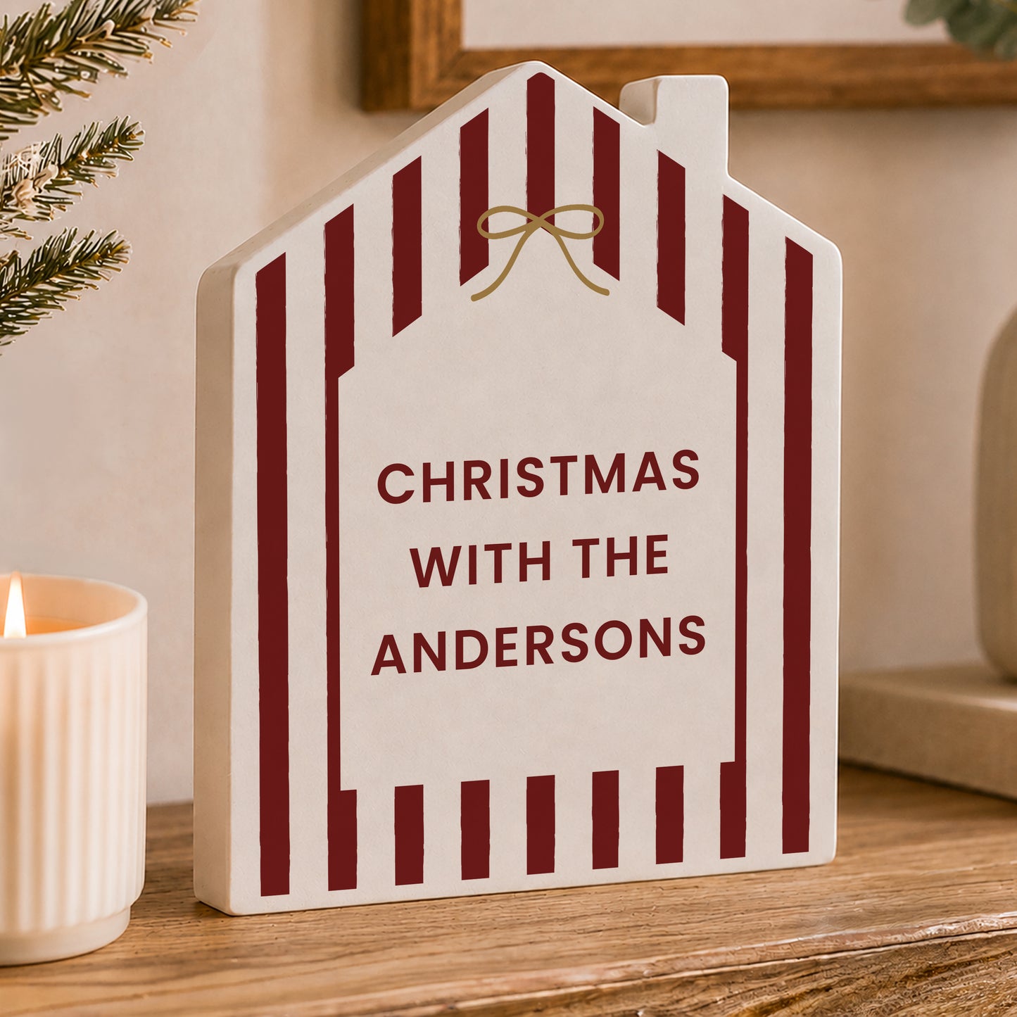 Personalised Candy Cane Stripe Wooden House Ornament