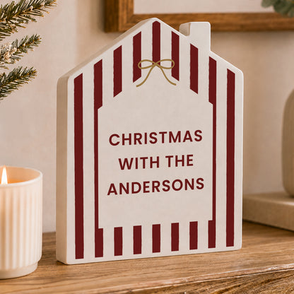 Personalised Candy Cane Stripe Wooden House Ornament