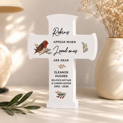 Personalised Robin Memorial Cross Wooden Ornament