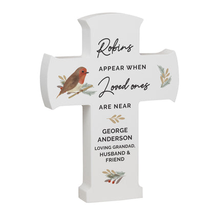 Personalised Robin Memorial Cross Wooden Ornament
