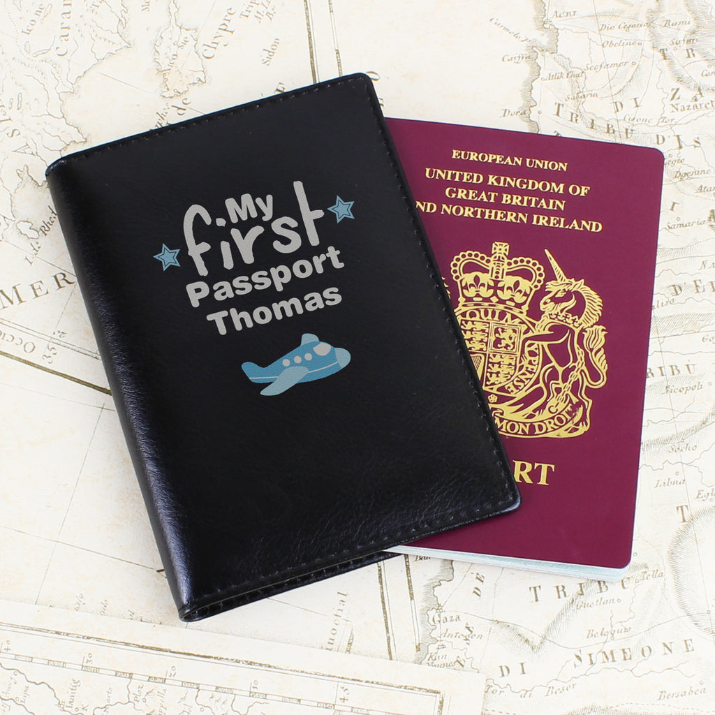 Personalised My First Black Leather Passport Holder