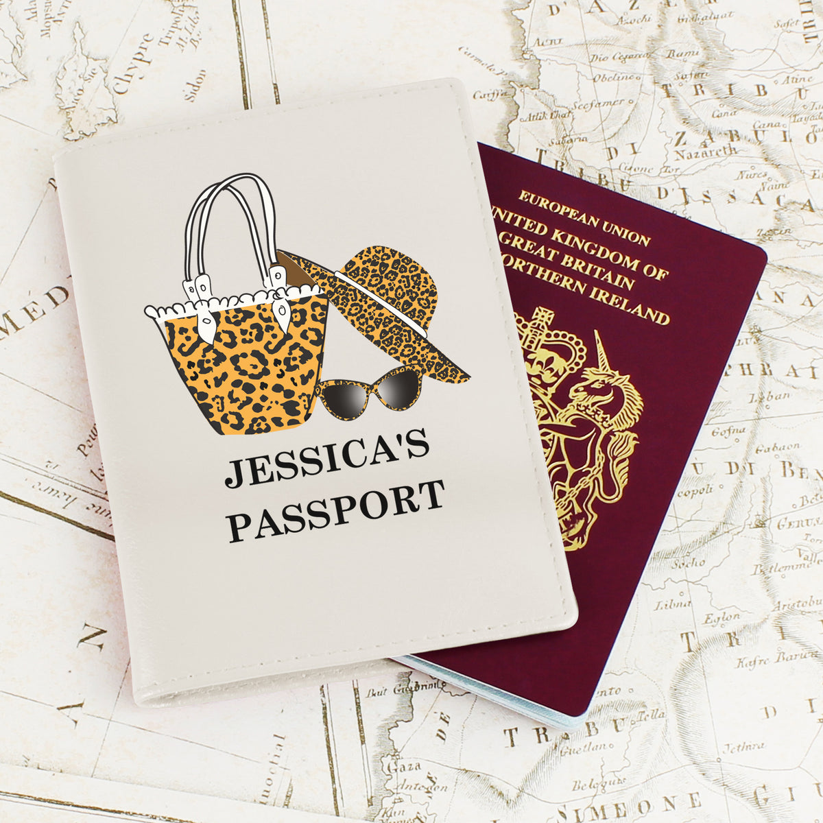 Personalised Leopard Print Cream Leather Passport Holder