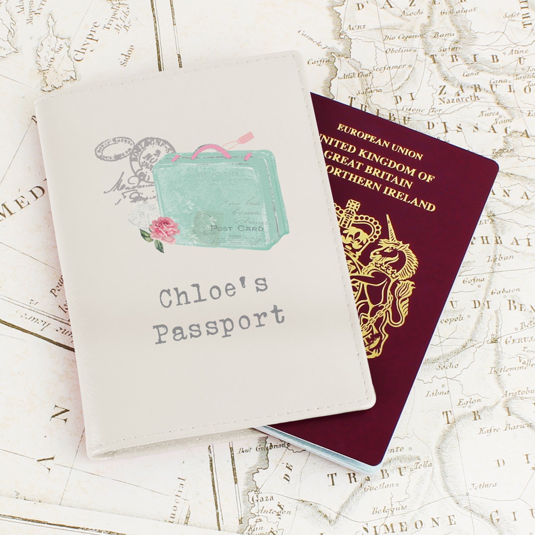 Personalised Vintage Pastel Travel Cream Leather Passport Holder