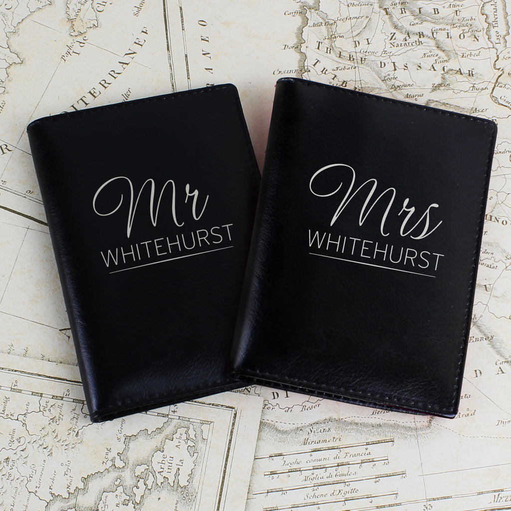 Personalised Mr & Mrs Black Leather Passport Holders