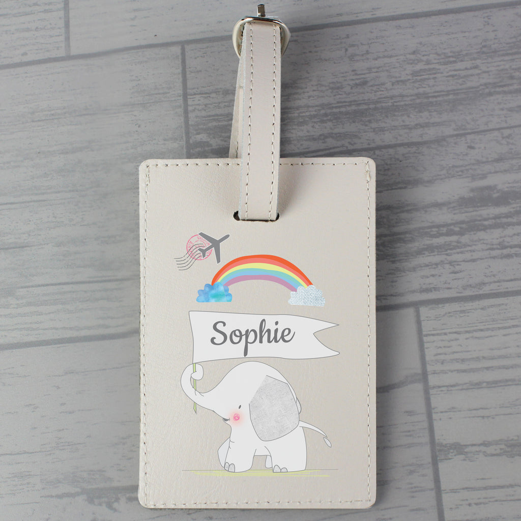 Personalised Hessian Elephant Cream Leather Luggage Tag