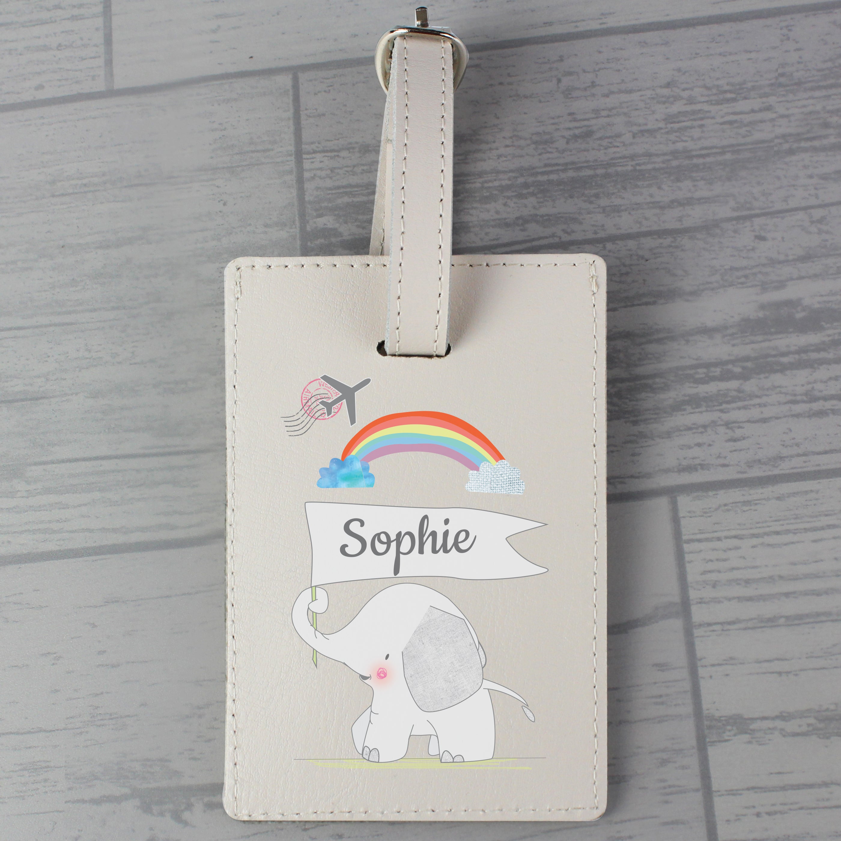 Personalised Hessian Elephant Cream Leather Luggage Tag