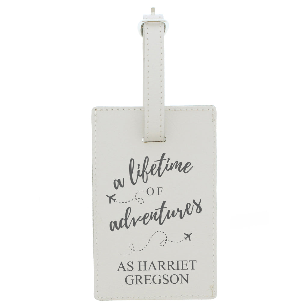 Personalised Lifetime of Adventures Cream Leather Luggage Tag