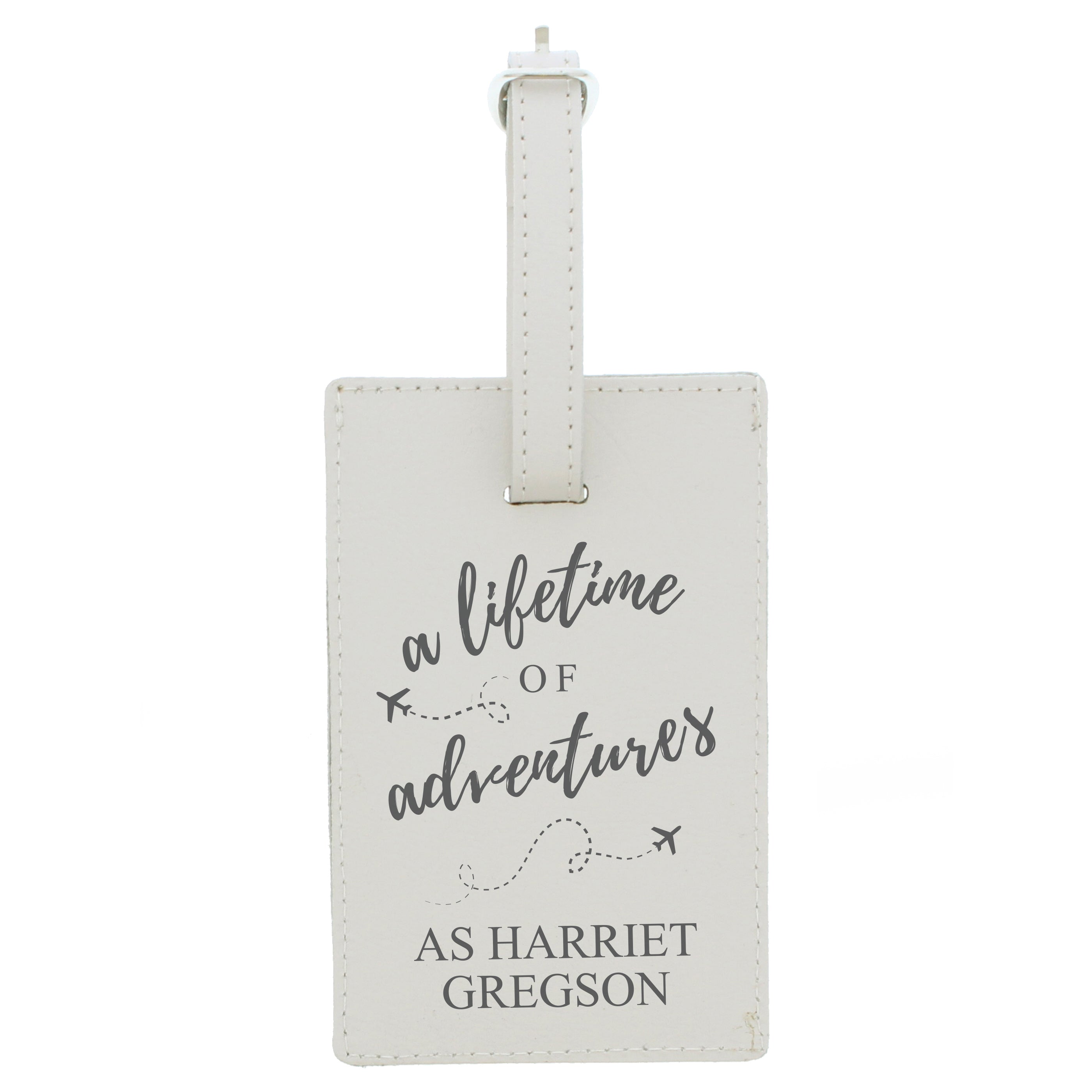 Personalised Lifetime of Adventures Cream Leather Luggage Tag