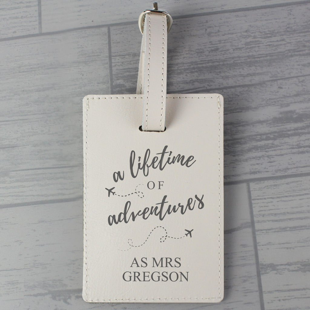 Personalised Lifetime of Adventures Cream Leather Luggage Tag