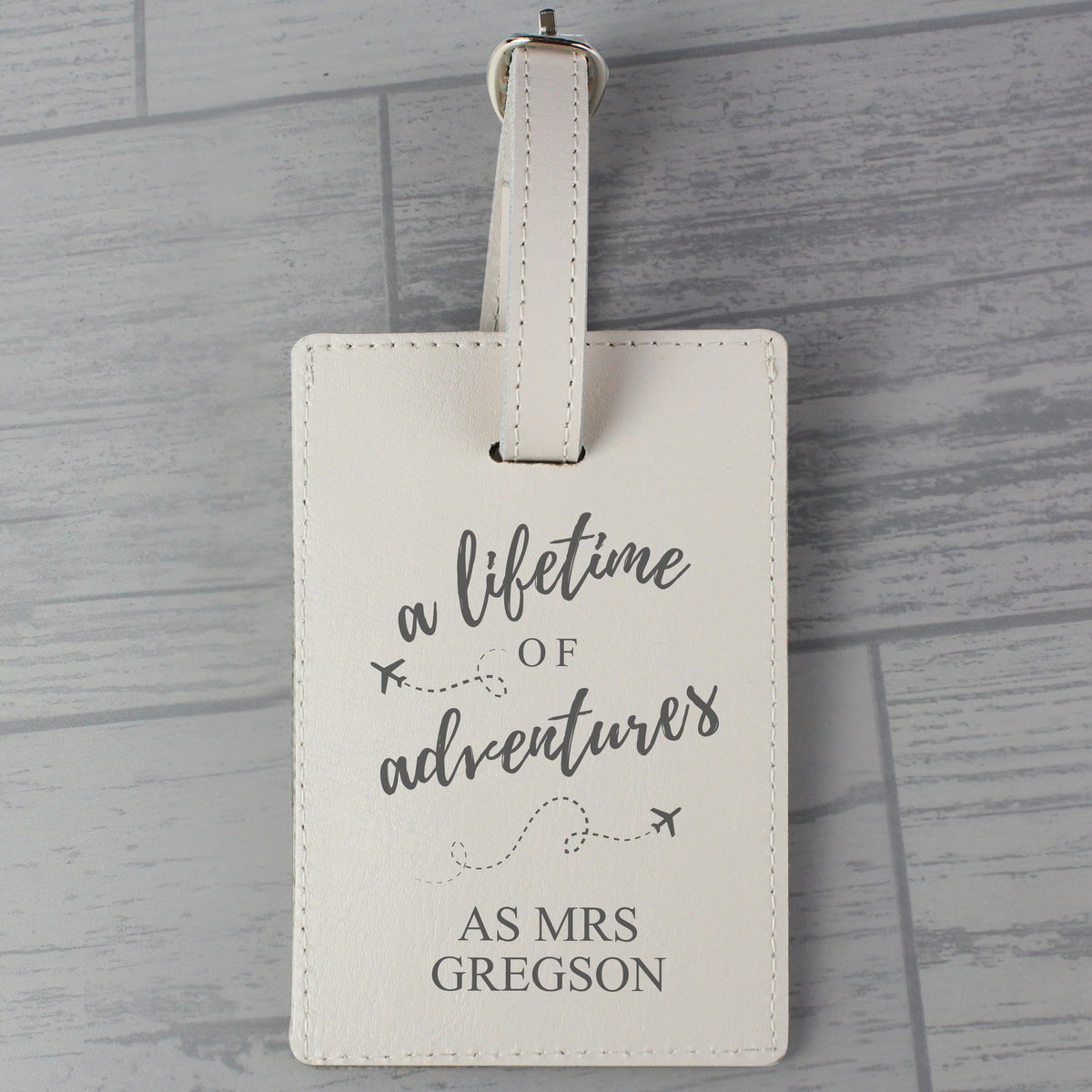 Personalised Lifetime of Adventures Cream Leather Luggage Tag