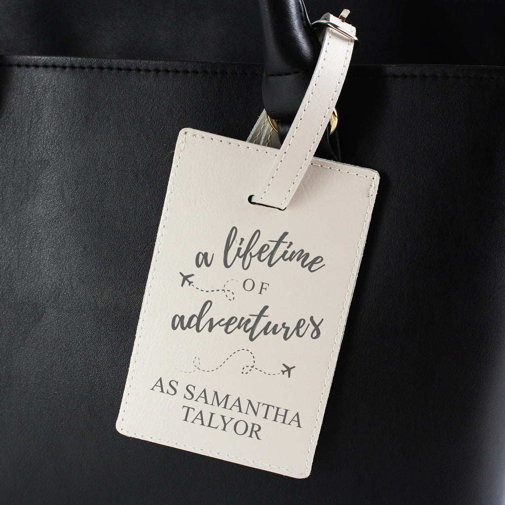 Personalised Lifetime of Adventures Cream Leather Luggage Tag