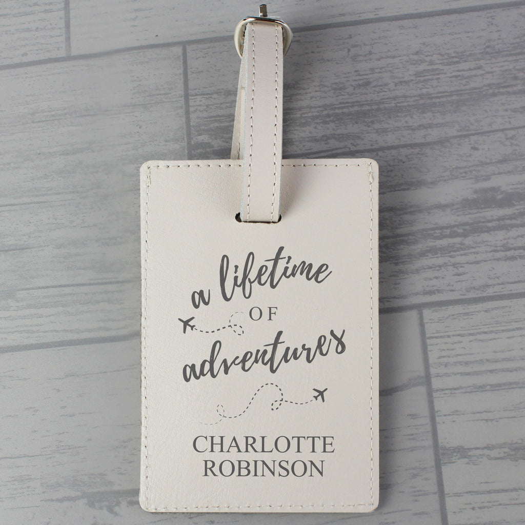 Personalised Lifetime of Adventures Cream Leather Luggage Tag