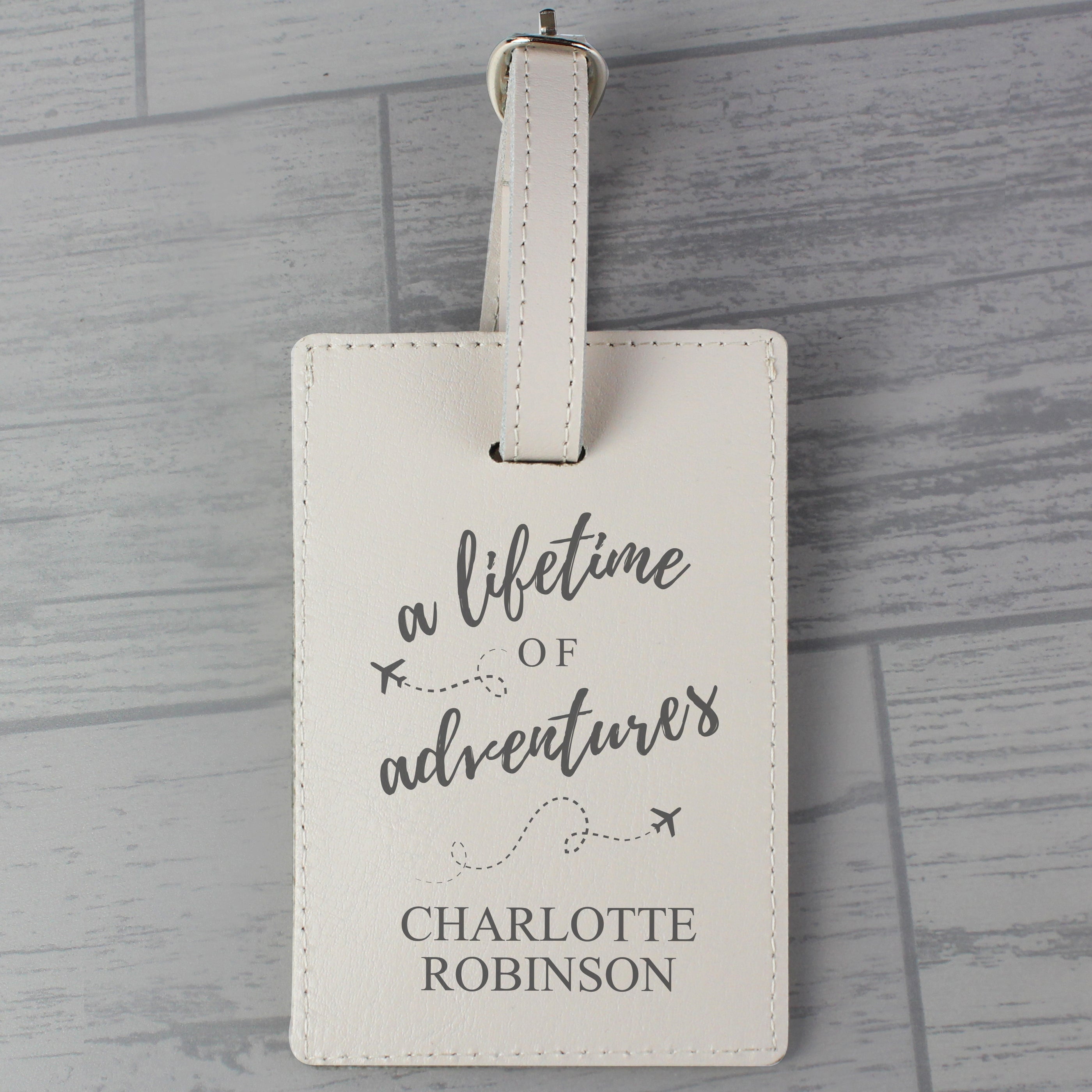 Personalised Lifetime of Adventures Cream Leather Luggage Tag
