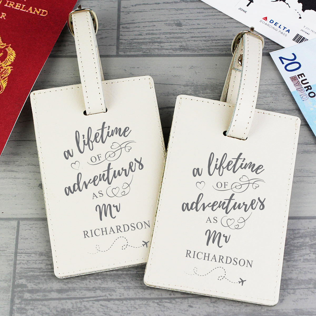 Personalised Lifetime of Adventures Couples Leather Luggage Tags