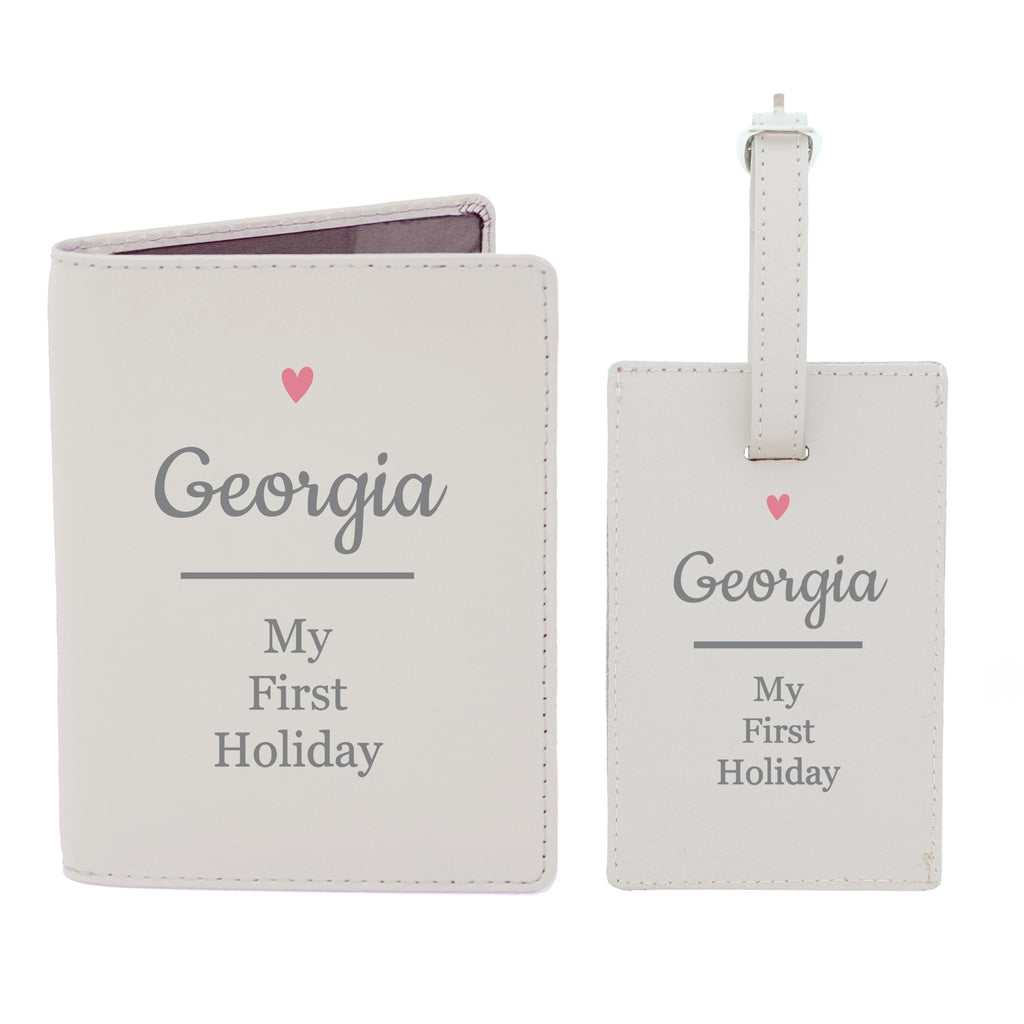 Personalised Pink Heart Cream Leather Passport Holder & Luggage Tag Set