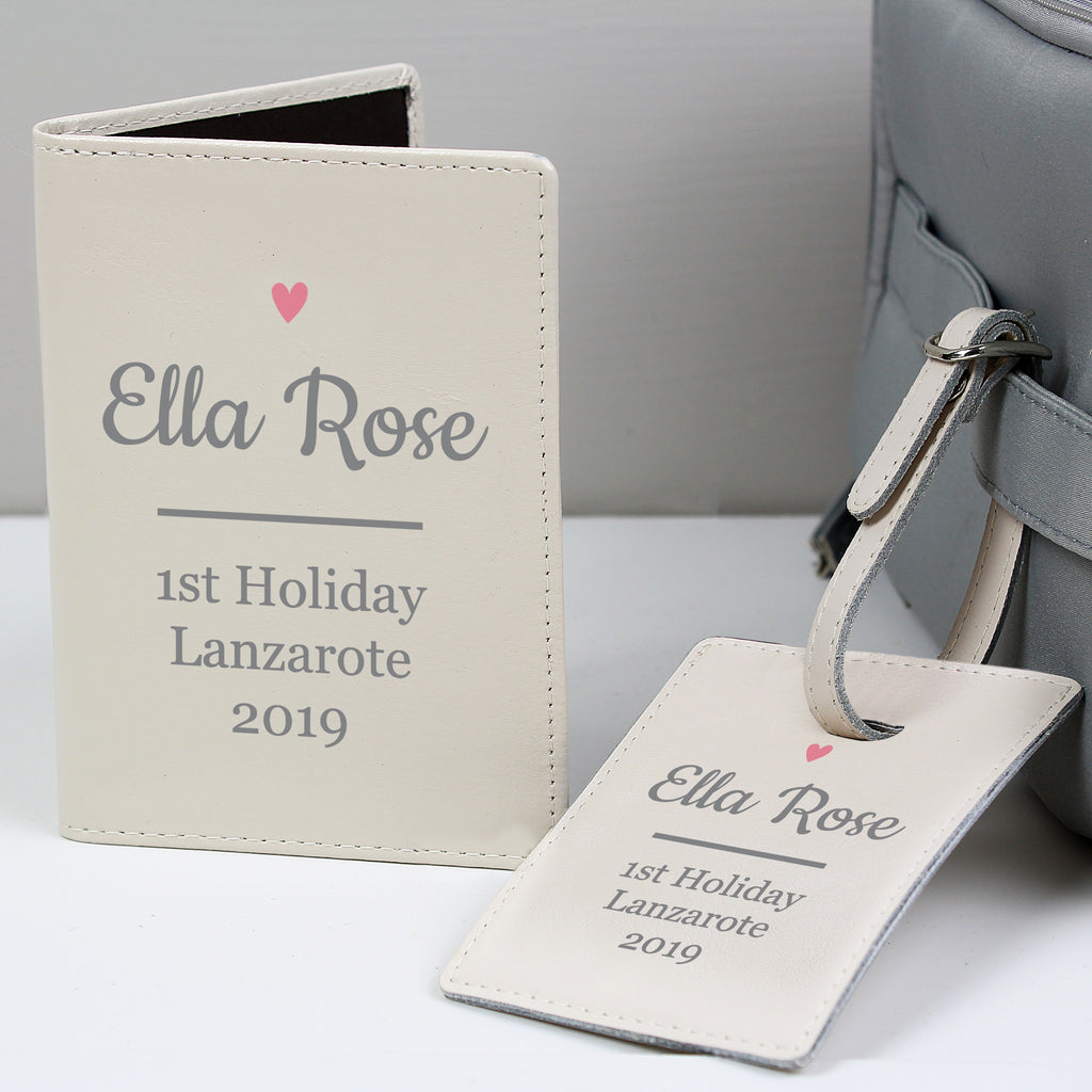 Personalised Pink Heart Cream Leather Passport Holder & Luggage Tag Set