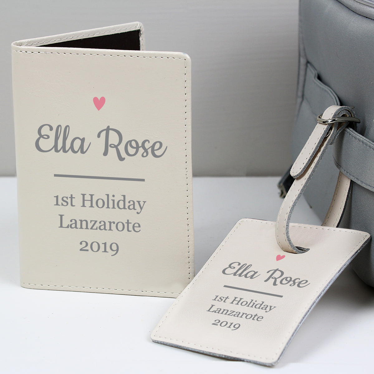 Personalised Pink Heart Cream Leather Passport Holder & Luggage Tag Set