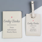 Personalised Pink Heart Cream Leather Passport Holder & Luggage Tag Set