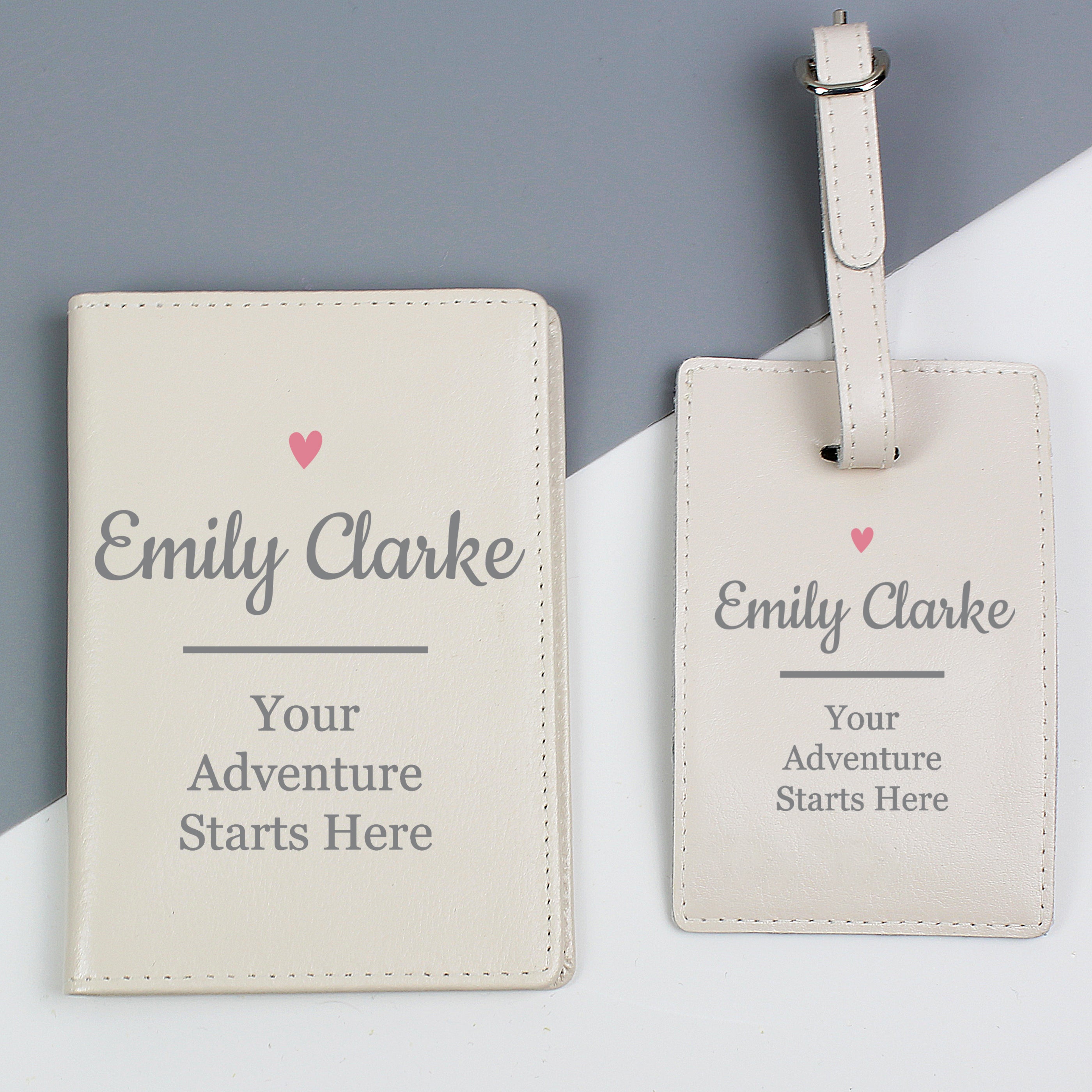 Personalised Pink Heart Cream Leather Passport Holder & Luggage Tag Set