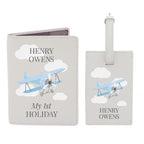 Personalised Blue Plane Leather Passport Holder & Luggage Tag Set