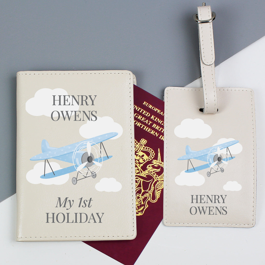 Personalised Blue Plane Leather Passport Holder & Luggage Tag Set