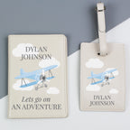 Personalised Blue Plane Leather Passport Holder & Luggage Tag Set