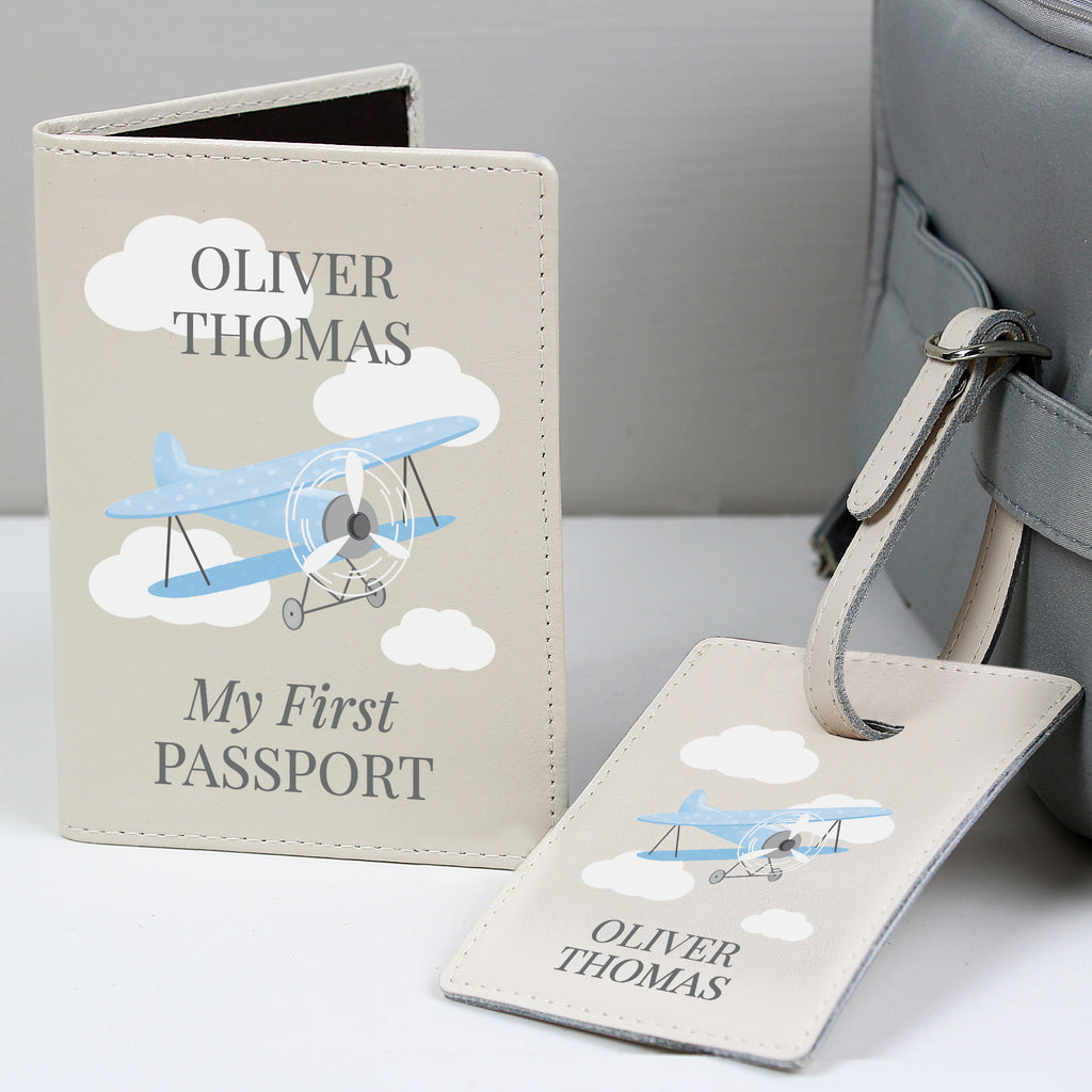 Personalised Blue Plane Leather Passport Holder & Luggage Tag Set