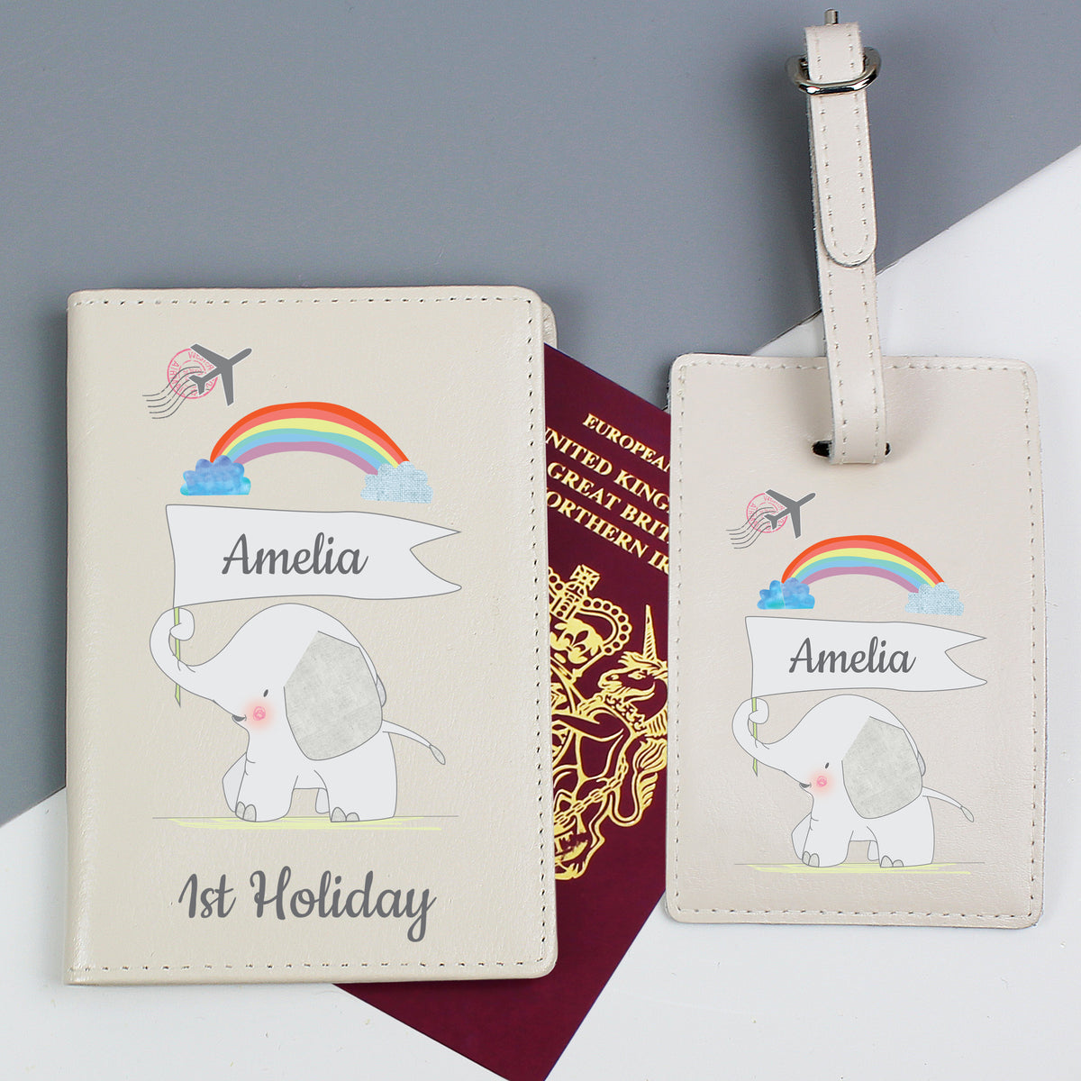 Personalised My 1st Cream Leather Passport Holder & Luggage Tag Set