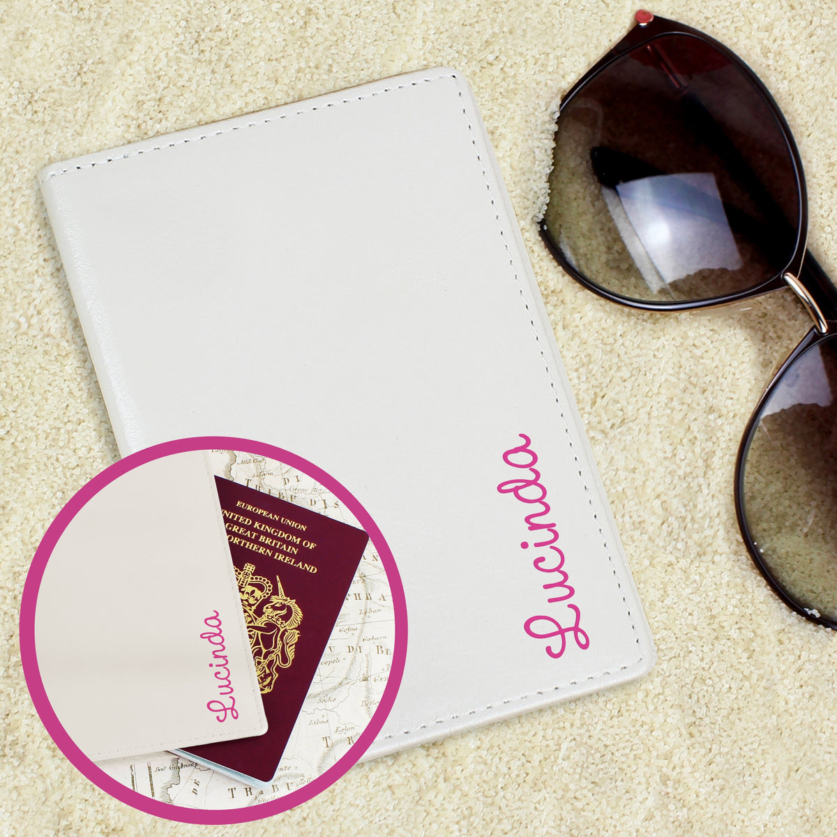 Personalised Pink Name Cream Leather Passport Holder