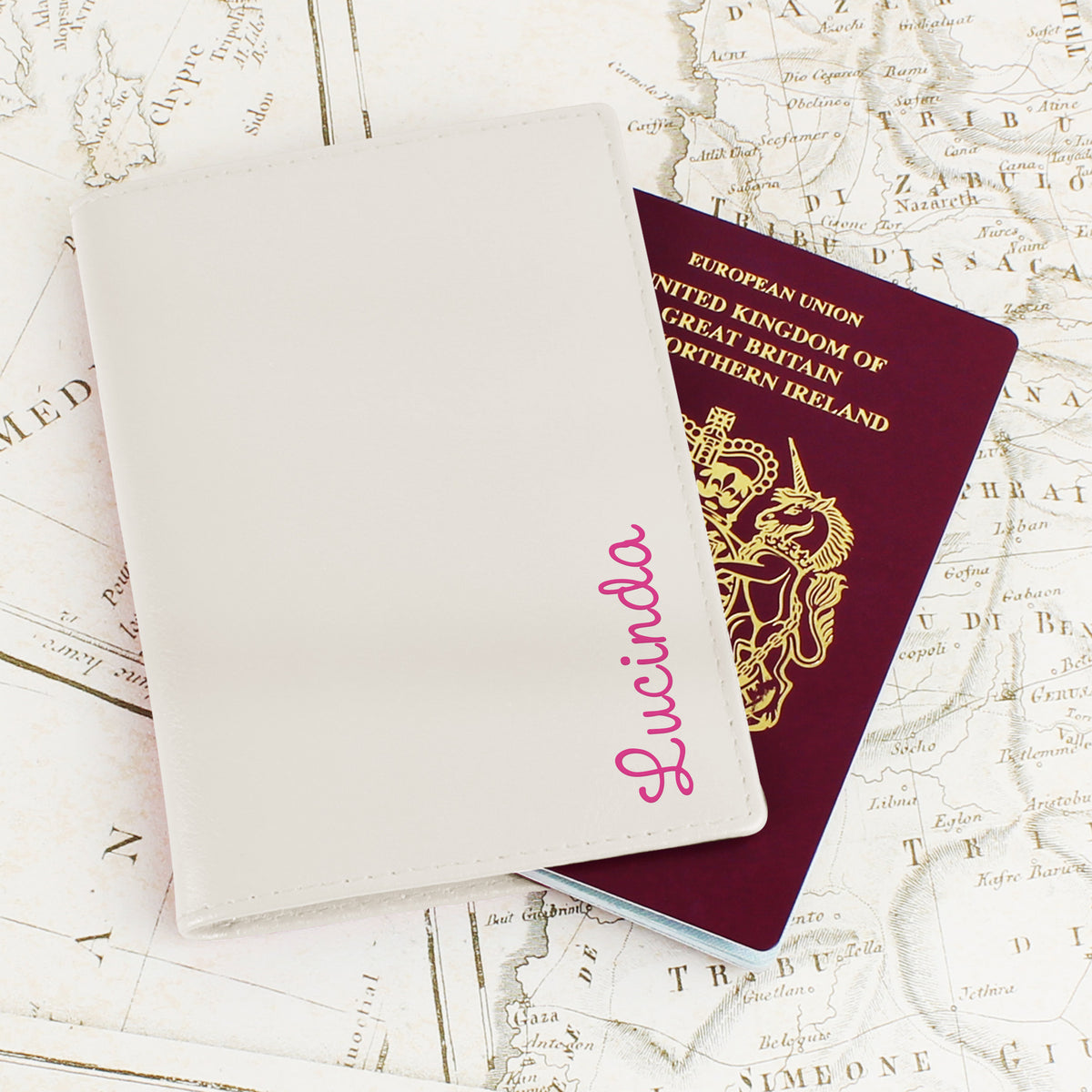 Personalised Pink Name Cream Leather Passport Holder