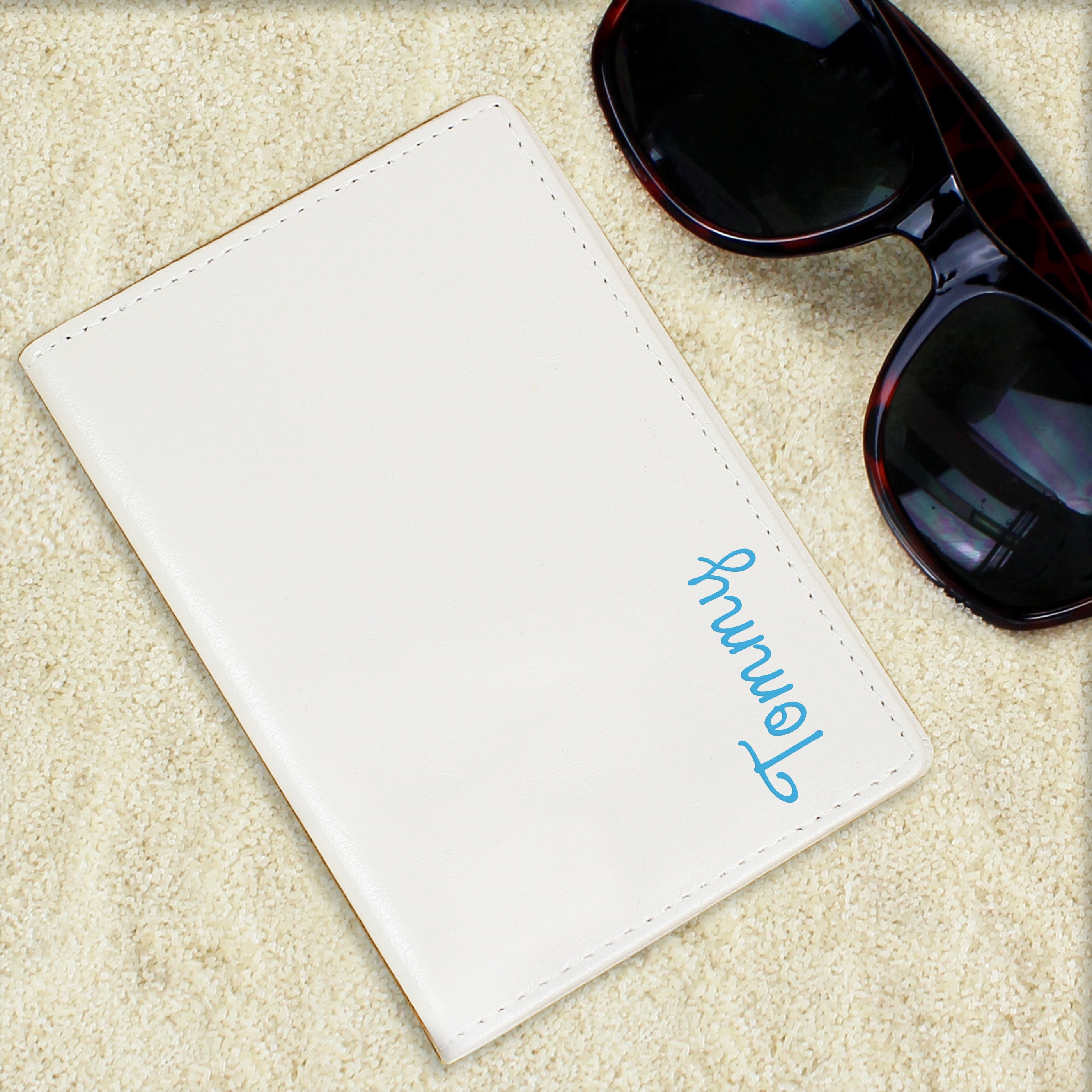 Personalised Blue Name Cream Leather Passport Holder